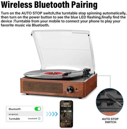 Vynell Retro Vinyl Record Player – Bluetooth Turntable with Built-in Speakers & USB
