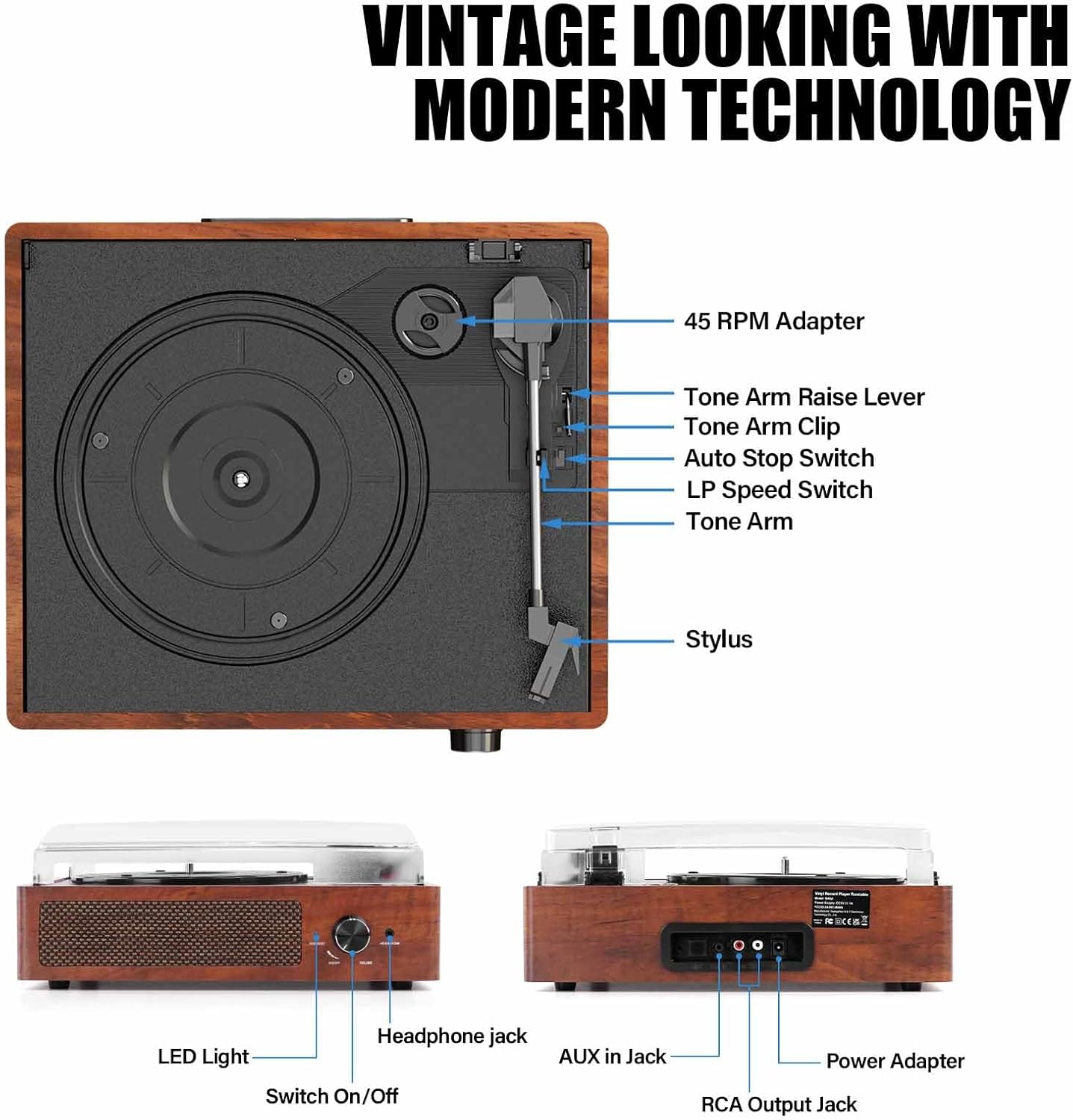 Vynell Retro Vinyl Record Player – Bluetooth Turntable with Built-in Speakers & USB