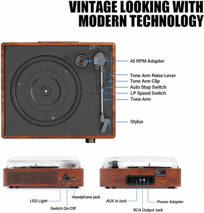 Vynell Retro Vinyl Record Player – Bluetooth Turntable with Built-in Speakers & USB